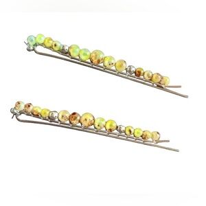 Set of Semi Precious Jewel Beaded Wrapped Silver Tone Hair Barrette’s Yellow Red